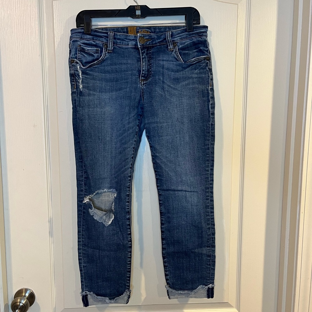 Kut From the Kloth Medium Wash Distressed Straight Leg Cropped Jeans